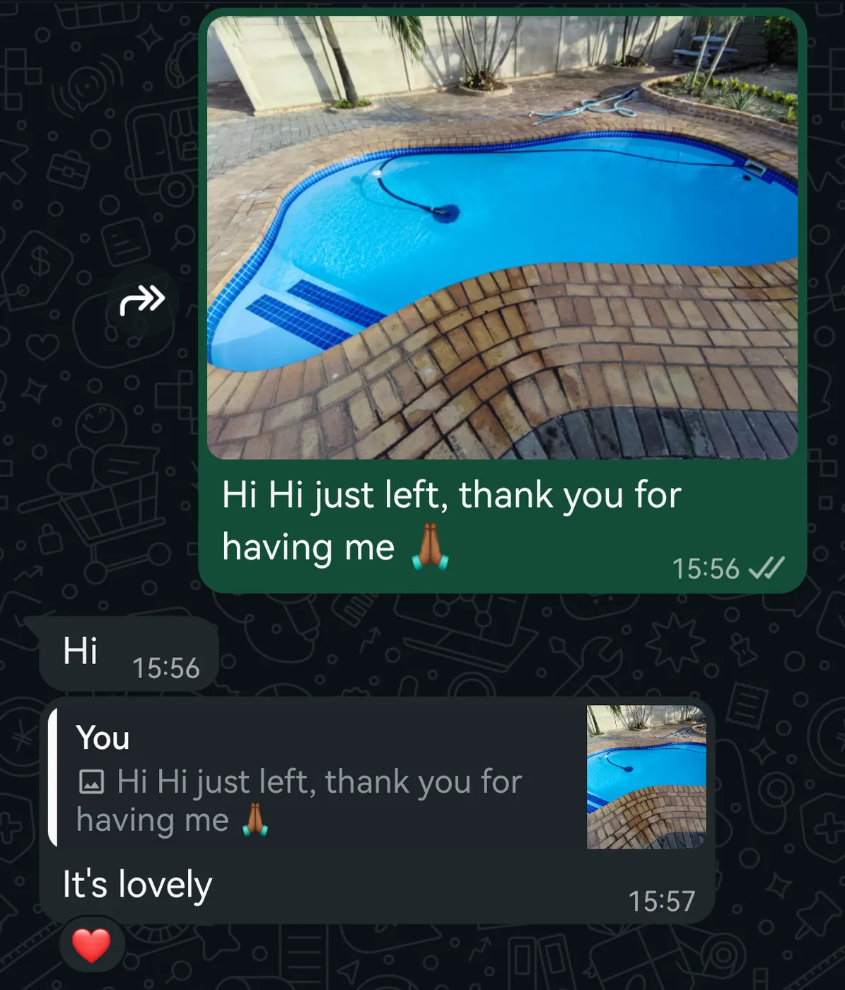 Client message: Hi just left, thank you — It's lovely